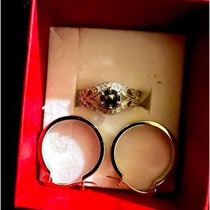 Genuine .75ct black diamond silver plated ring size6 and silver plated hoops